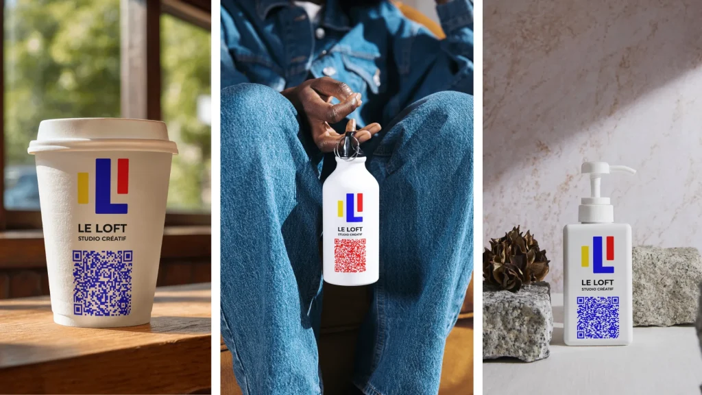 QR code personnalisé couleur appliqué sur gobelet, gourde et flacon — exemples de supports print