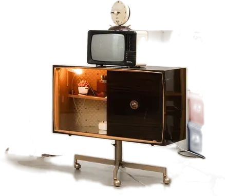 Meuble TV vintage du Petit Salon, sur roulettes