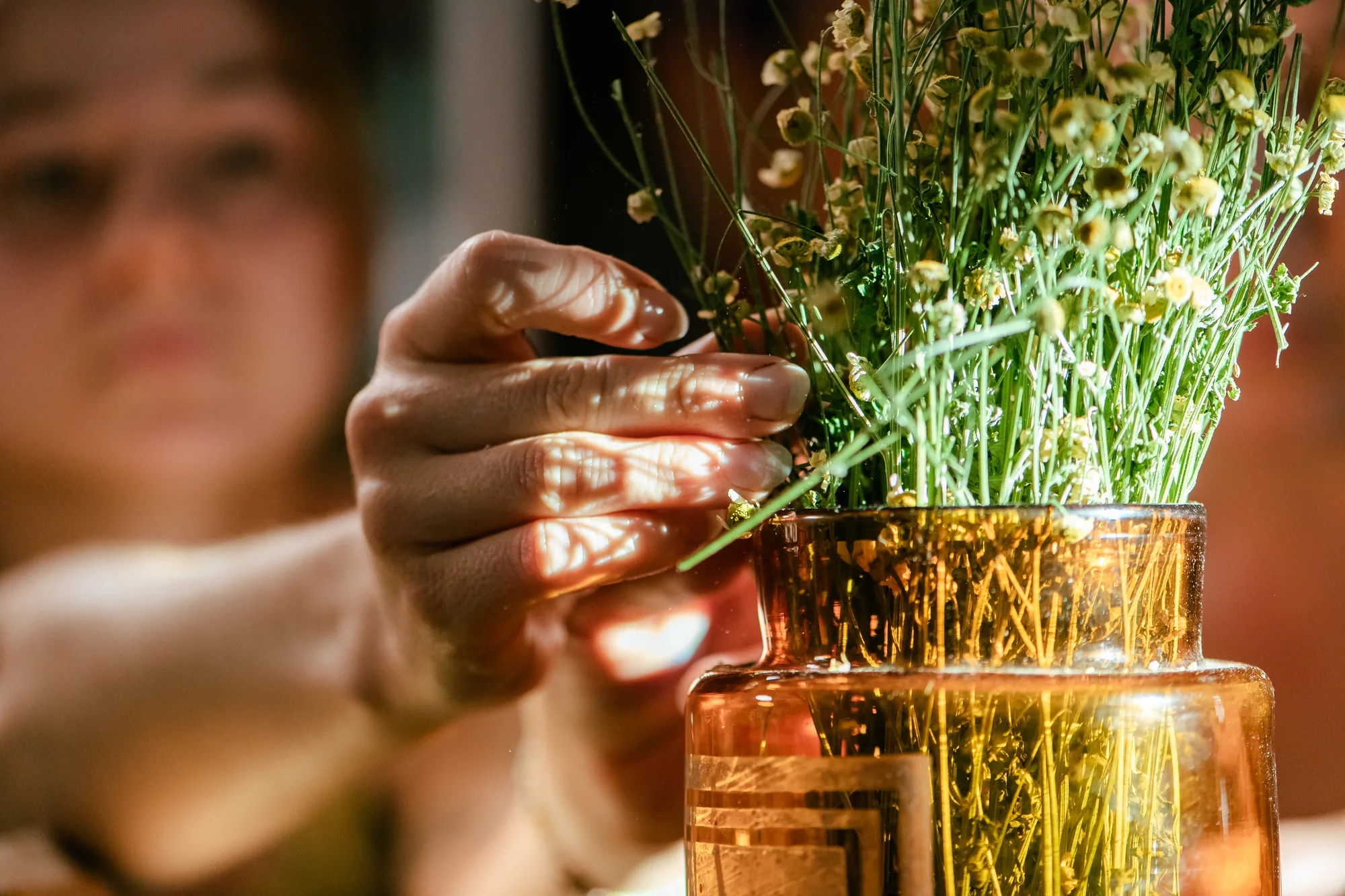 Des mains touchent un bouquet de fleurs séchées dans un bocal